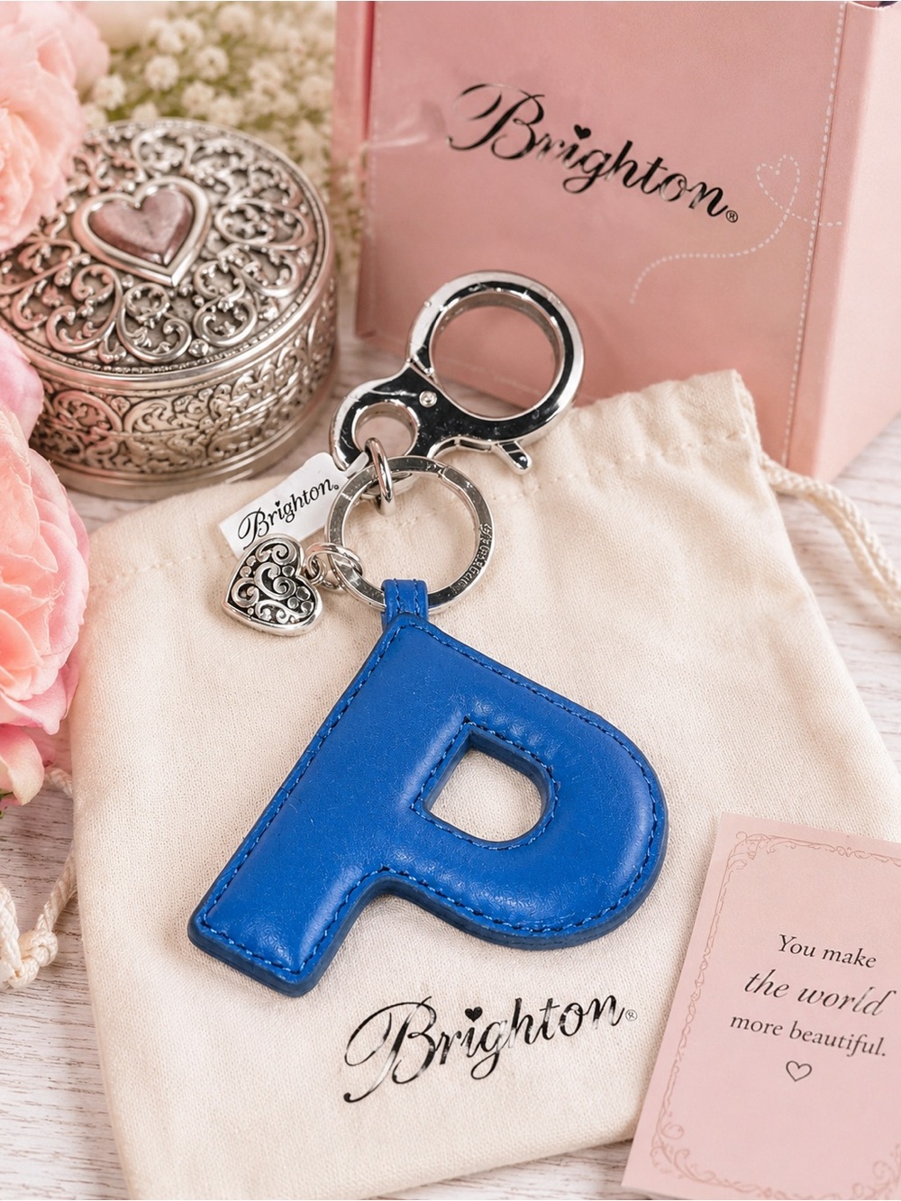 💙 Brighton Blue “P” Leather Keychain Charm with Heart Charm ✨